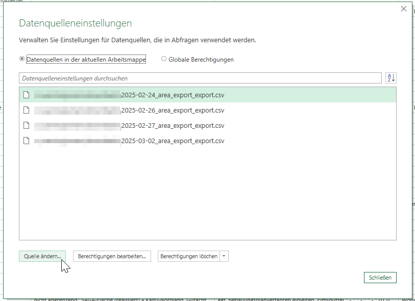 Datenquelleneinstellungen mit der Option "Quelle ändern"