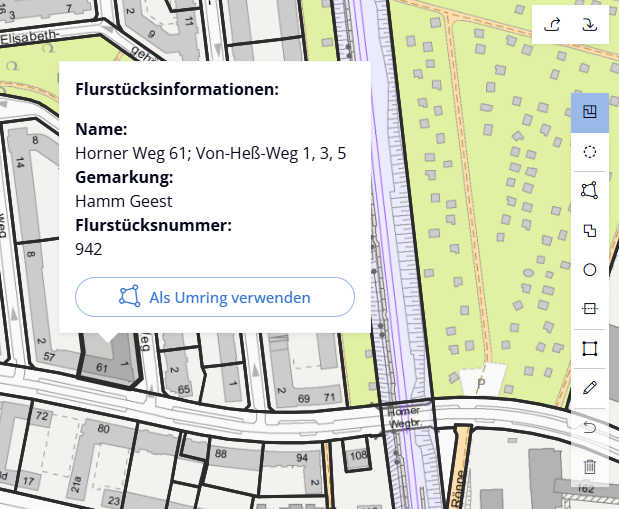 Wenn Sie ein Flurstück anklicken, können Sie dies direkt als Umring verwenden.