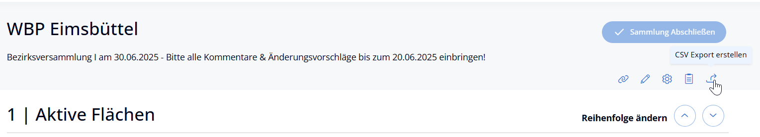 Über das Menü im Kopfbereich einer Sammlung kann der Download einer csv-Datei ausgelöst werden.