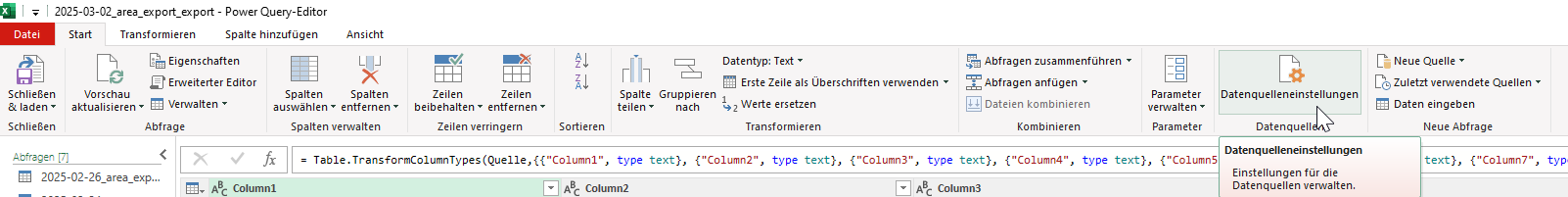 Im Kopfbereich finden Sie die Auswahl "Datenquelleneinstellungen".