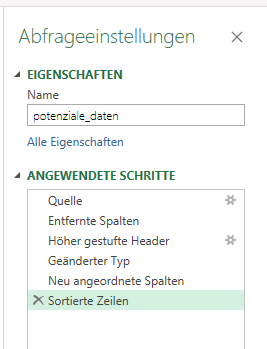 Die Abfrageeinstellungen mit den bisher durchgeführten Anpassungen im Power-Query-Editor.