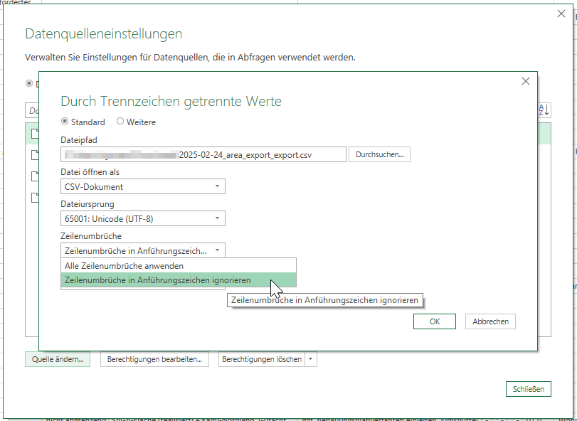 Quelle ändern mit der Option "Zeilenumbrüche anpassen"