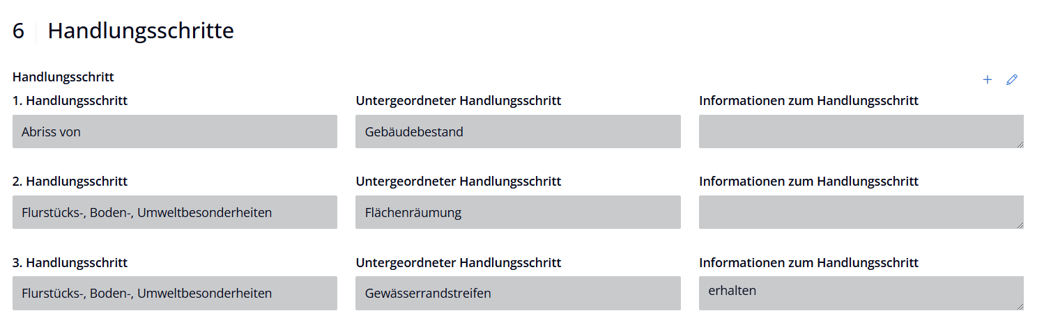 Die Feldgruppe Handlungsschritte in strukturierter Form auf der Flächendetailseite.