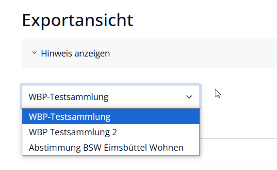 Wählen Sie die Sammlung aus, deren Exportansicht Sie bearbeiten möchten.