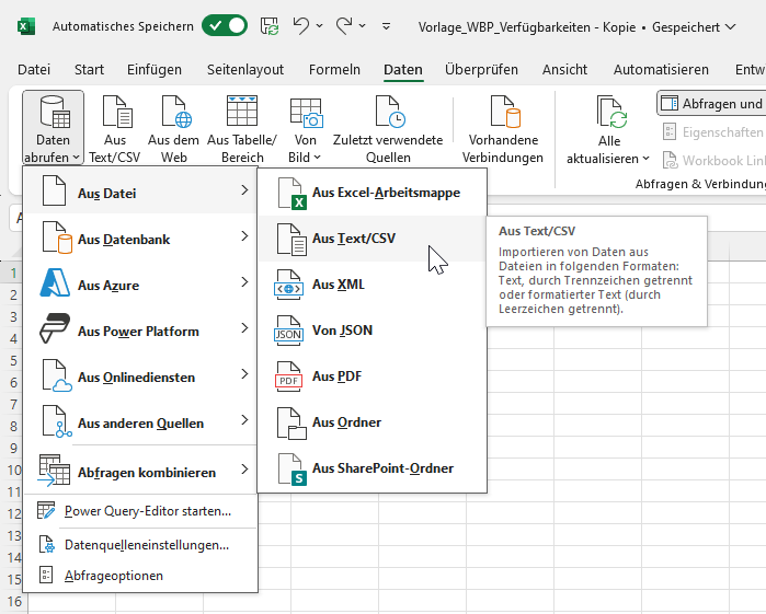 Auf dem Bild ist das Excel-Menü zu sehen, über das eine csv-Datei in Excel importiert werden kann.