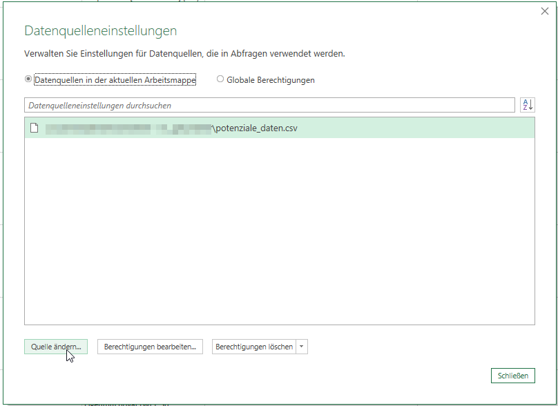 Datenquelleneinstellungen mit der Option "Quelle ändern"